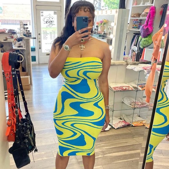 Women Bodycon Strapless Dress Large Yellow Blue Midi Stretch Backless - Picture 3 of 15